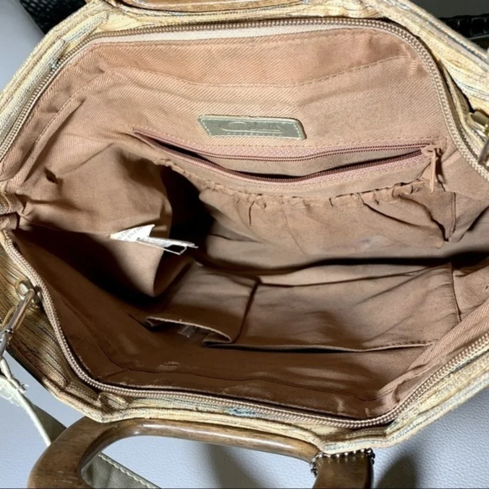 Cabrelli Vintage Tapestry Style Hand Bag Earth Tone Golden Wooden - Picture 5 of 10